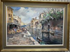 20th century continental A canal scene Oil on board Indistinctly signed 58 x 88cm