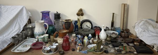 A Miners lamp together with assorted coins, telescope, clock, miniature tea set, watches,