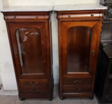 A pair of modern marble topped display cabinets with square marble tops above glazed door and sides,