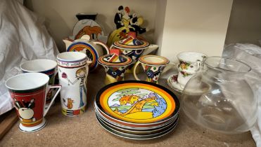 Two Moorland Chelsea Works part tea sets together with a flatback figure in the Art Deco style,