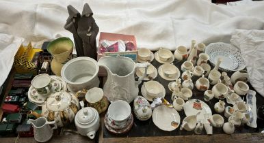 A collection of Goss crested wares together with a Portmeirion parian jug, Lladro monks, model cars,