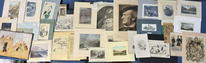 A folio of mounted and loose prints and book plates etc