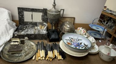 A silver purse together with a pearl necklace, costume jewellery, samovar, muffin dishes and cover,