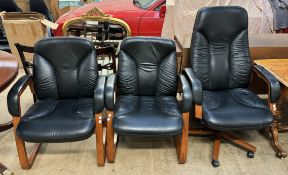 A black leather swivel office chair together with a pair of matching office chairs