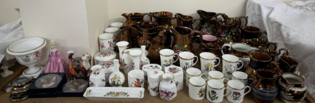 Assorted copper lustre jugs together with Royal Worcester coffee cans, Royal Worcester vases,