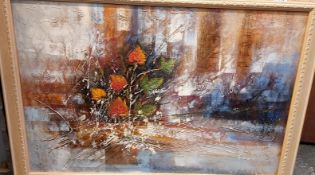 J Benford An abstract scene with leaves in the foreground Oil on canvas Signed