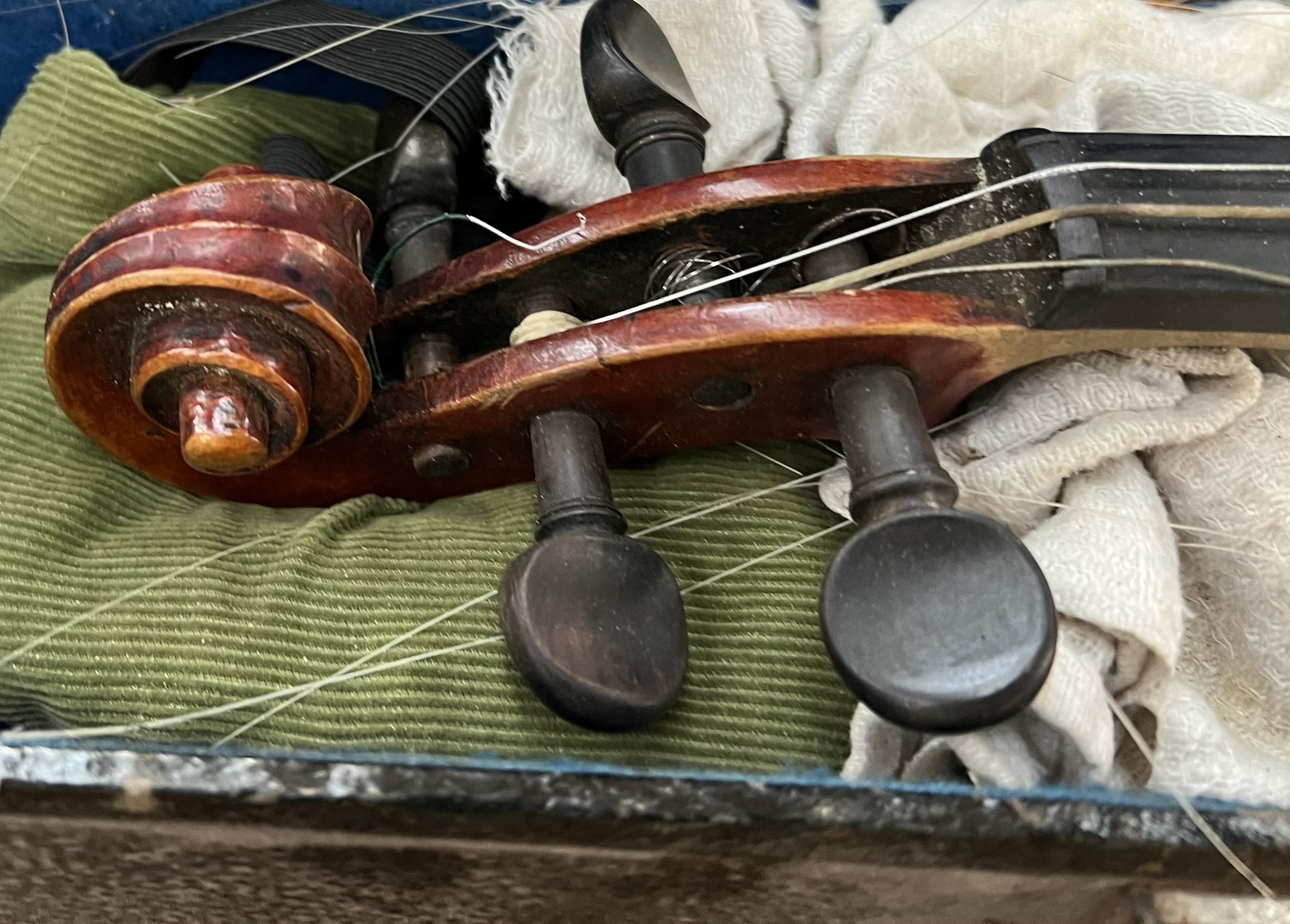 A violin with two piece back and ebonised stringing, bears a label for Antonious Stradivarius, 59. - Image 7 of 7