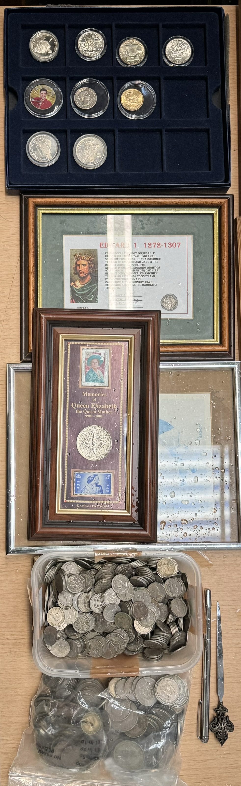 Assorted coins, loose and in frames,