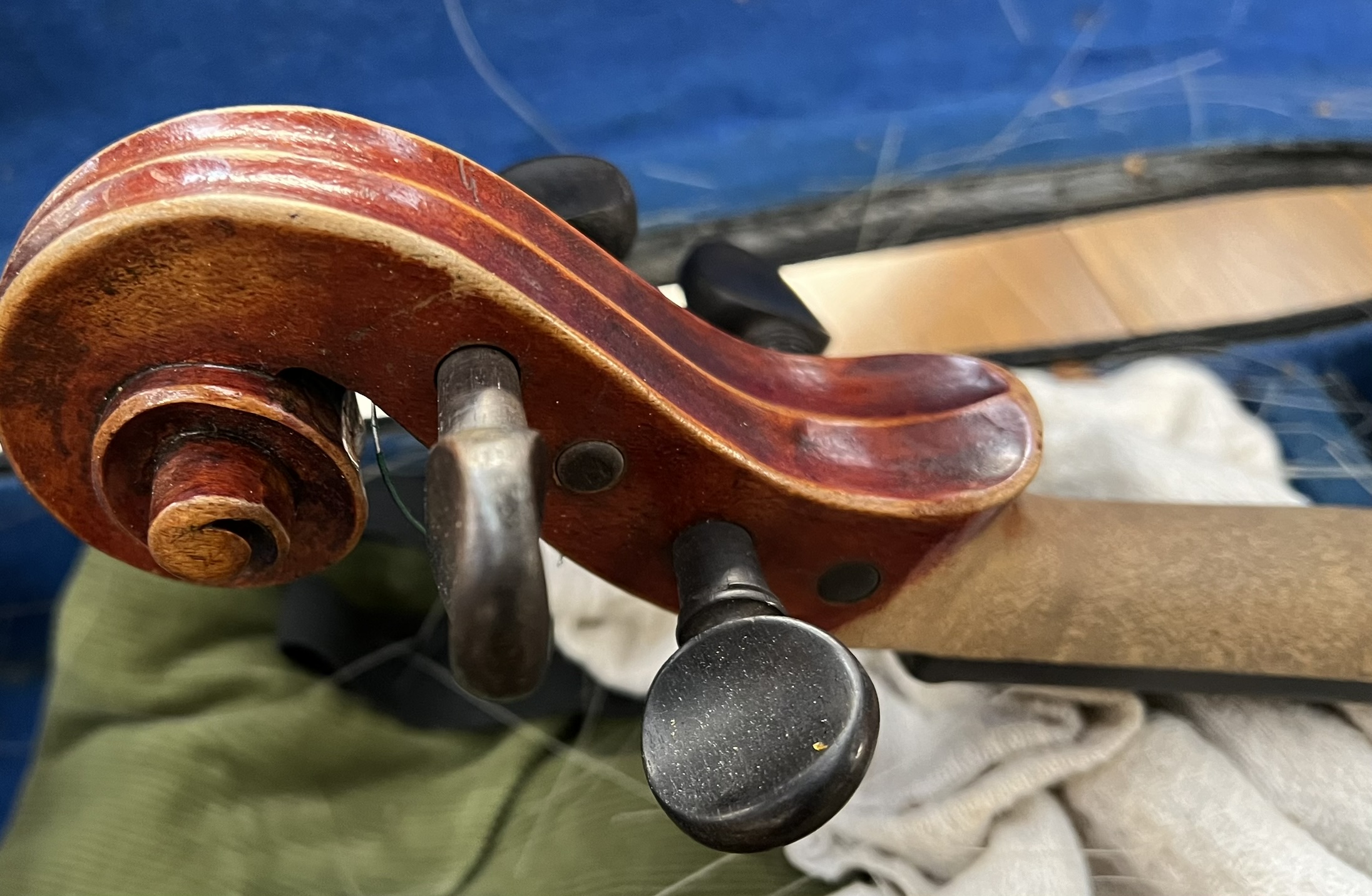 A violin with two piece back and ebonised stringing, bears a label for Antonious Stradivarius, 59. - Image 4 of 7