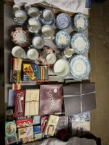 A blue and white pottery part tea service together with other part tea sets, Lotto game, Dominoes,