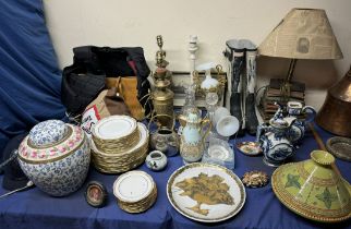 A Spode gilt and white part dinner service together with riding hats, body protector, brass lamps,