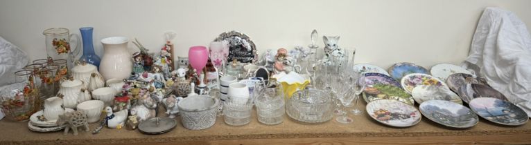 A collection of collectors plates together with drinking glasses, part tea service,