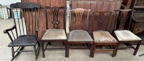 A rocking chair together with four assorted George III dining chairs