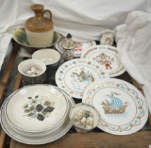 A stoneware jug together with Christmas plates,