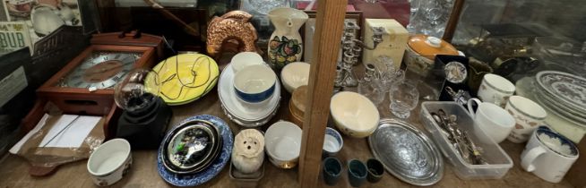 An Acctim wall clock together with a lamp, pottery bowls, pottery jug, candelabras, flatwares,