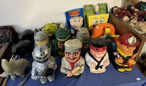 A collection of novelty cookie jars including Spongebob square pants, Shrek, Alligator etc,