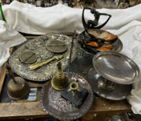 An Art Deco style bronze figure together with two Chinese brass calendars, brass bells,