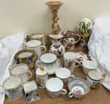 Masons pottery jugs together with Royal commemorative mugs, coins,