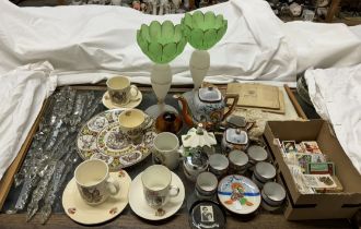A pair of opaque and green glass table lustres together with a Japanese part tea set,