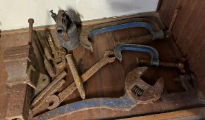 A collection of tools some relating to the railways including spanners, chisels,