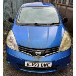 A 2010 Nissan Note Visia Auto, in blue, first registered 09/02/2010, registration number EJ59 DWE.