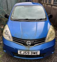 A 2010 Nissan Note Visia Auto, in blue, first registered 09/02/2010, registration number EJ59 DWE.