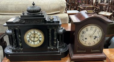 A black slate mantle clock of architectural form with an insight movement together with a mahogany