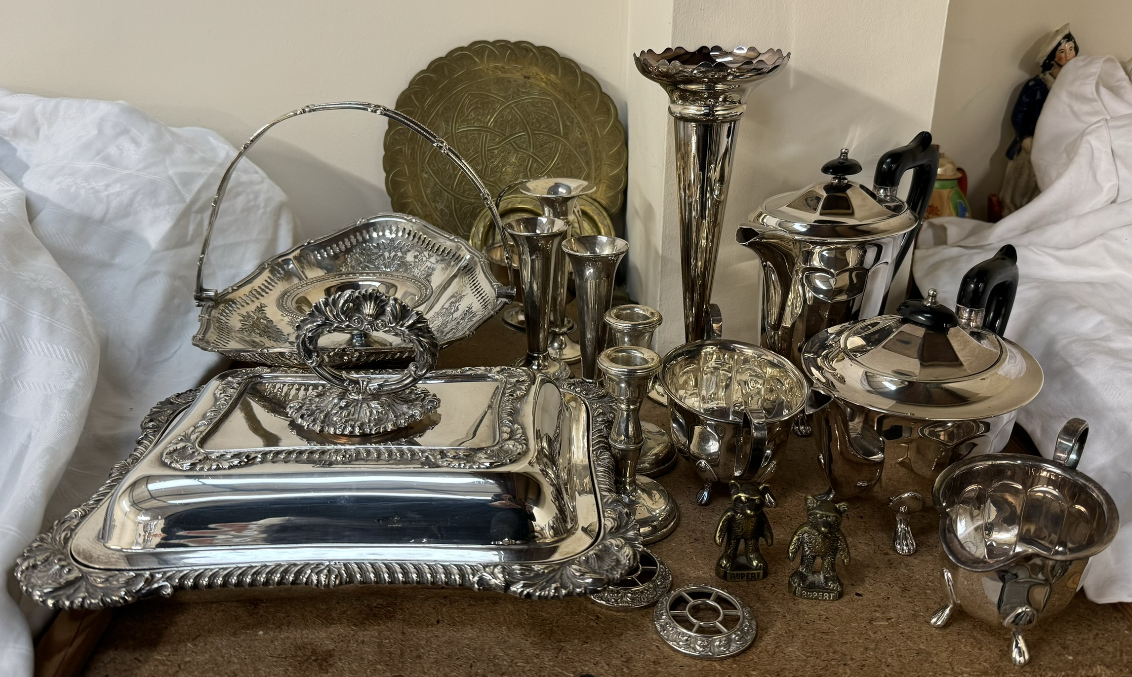 An electroplated entree dish and cover together with an electroplated part tea service, bud vases,