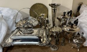 An electroplated entree dish and cover together with an electroplated part tea service, bud vases,