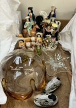 A collection of Staffordshire and Staffordshire type figures together with a glass lamp shade etc