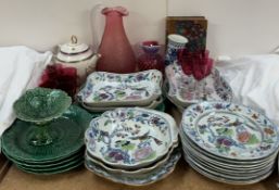 A Davenport stone china part dinner set together with green leaf moulded dishes,