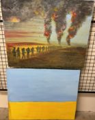 20th century British School Soldiers on a battlefield Oil on canvas Together with another oil