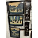 A set of three Japanese silhouette pictures depicting figures in interior and exterior scenes