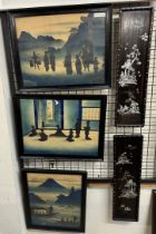 A set of three Japanese silhouette pictures depicting figures in interior and exterior scenes