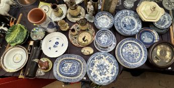 A blue and white part dinner set together with mottoware part tea set, brasswares, recorders,