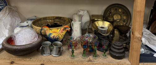 A Rooster teapot together with a scales and weights, brass tray and ewers, pottery jugs, glasswares,