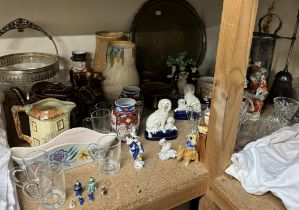 Assorted Staffordshire figures together with a Circle pottery vase, brass tray, copper lustre,