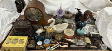 World War II medals together with a Doulton stoneware barrel, coins, Napoleon hat clock,