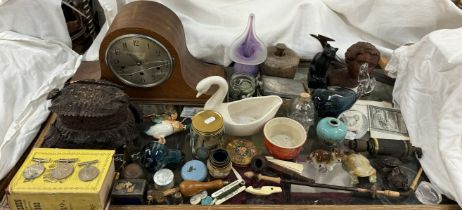 World War II medals together with a Doulton stoneware barrel, coins, Napoleon hat clock,