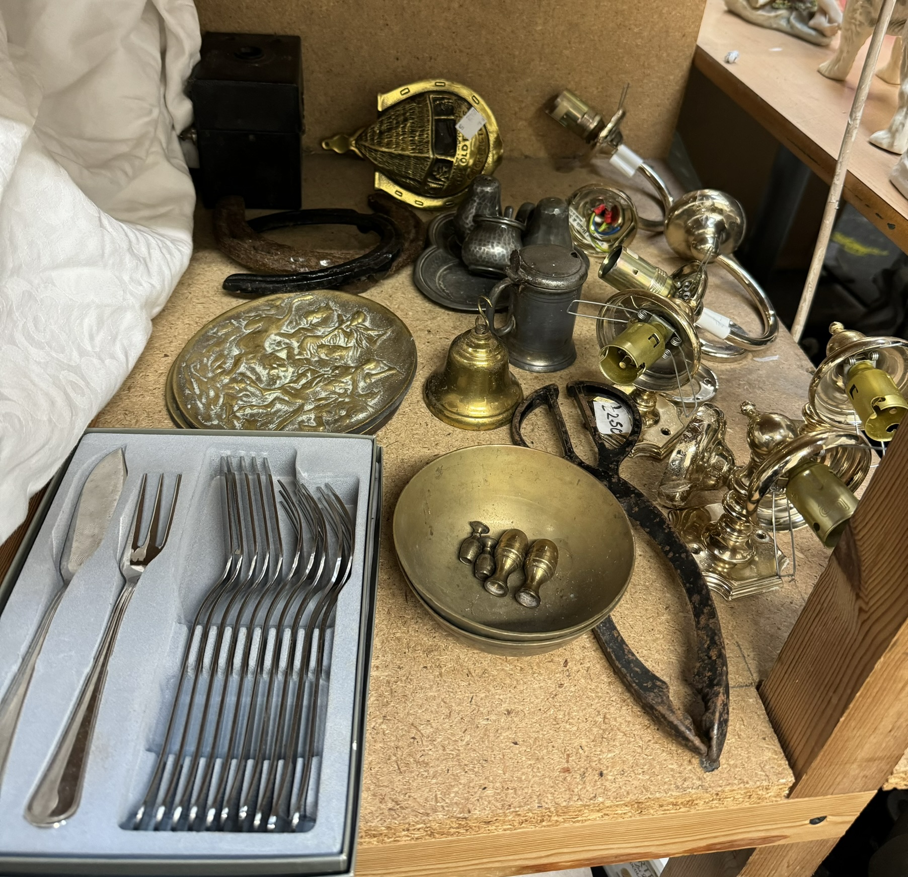 A Pewter cruet set together with a camera, cased box of cutlery,