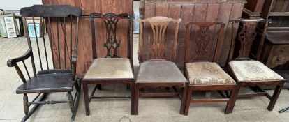 A rocking chair together with four assorted George III dining chairs