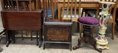 A mahogany Sutherland table together with a rosewood marquetry decorated lidded music cabinet,
