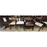 An Edwardian mahogany corner chair together with an upholstered elbow chair, piano stool,