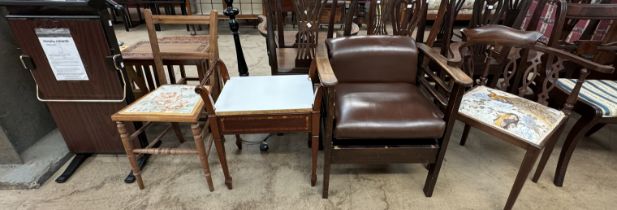 An Edwardian mahogany corner chair together with an upholstered elbow chair, piano stool,