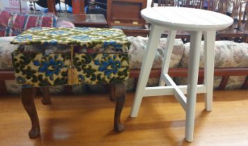 A sewing stool on cabriole legs together with a white painted occasional table
