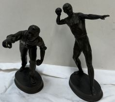 A bronzed spelter figure of a sportsman bowling a ball together with another of a sportsman about