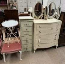 A cream painted five drawer chest together with a tall painted chest of drawers two tryptych