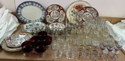 Assorted drinking glasses together with various decorative plates etc