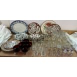 Assorted drinking glasses together with various decorative plates etc