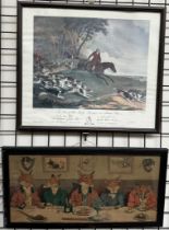 A print of Foxes in Hunting jackets at dinner together with a print of a Huntsman and hounds